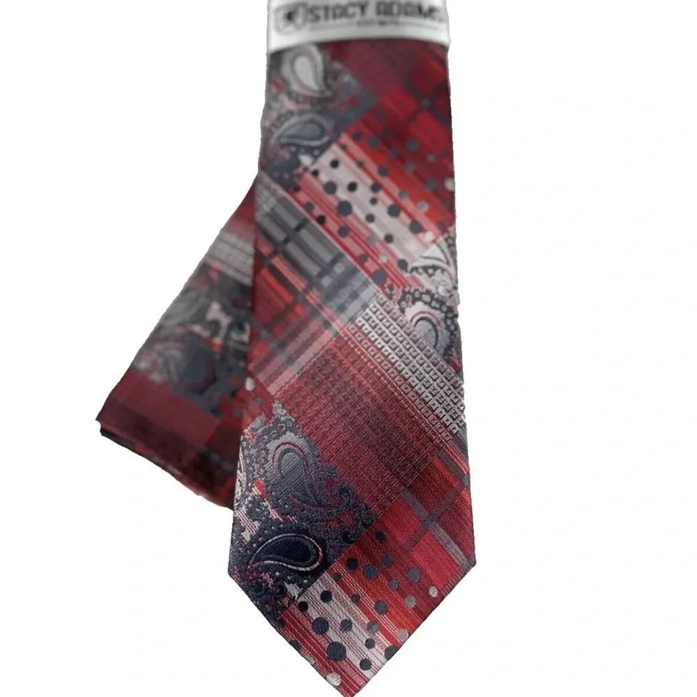 Stacy Adams Men's Tie & Hanky Set Red Charcoal Gray Silver Paisley Stripes 3.25